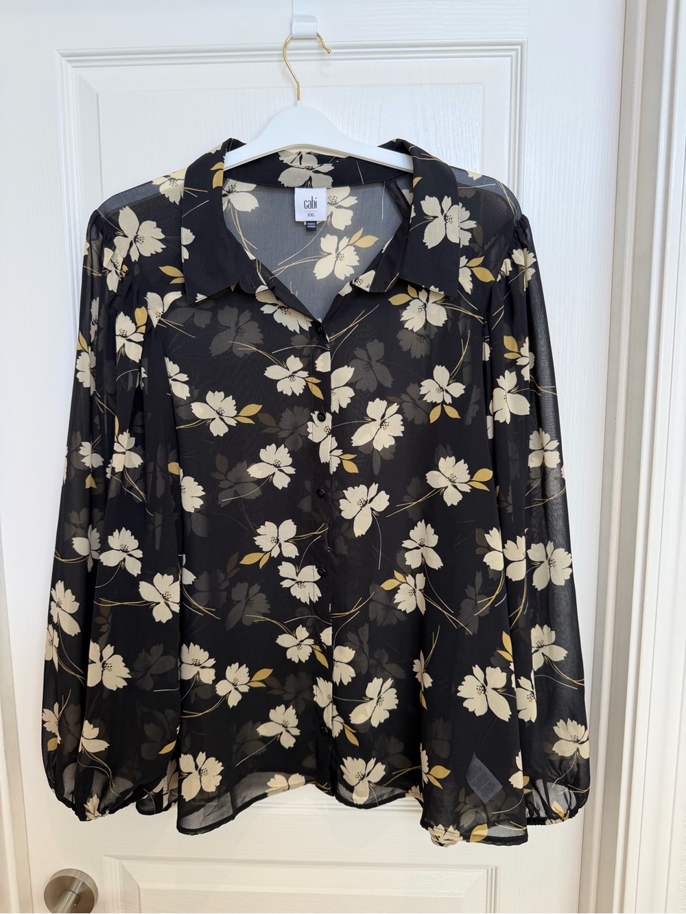 CAbi Black Floral Sheer Button-Down Blouse - XXL